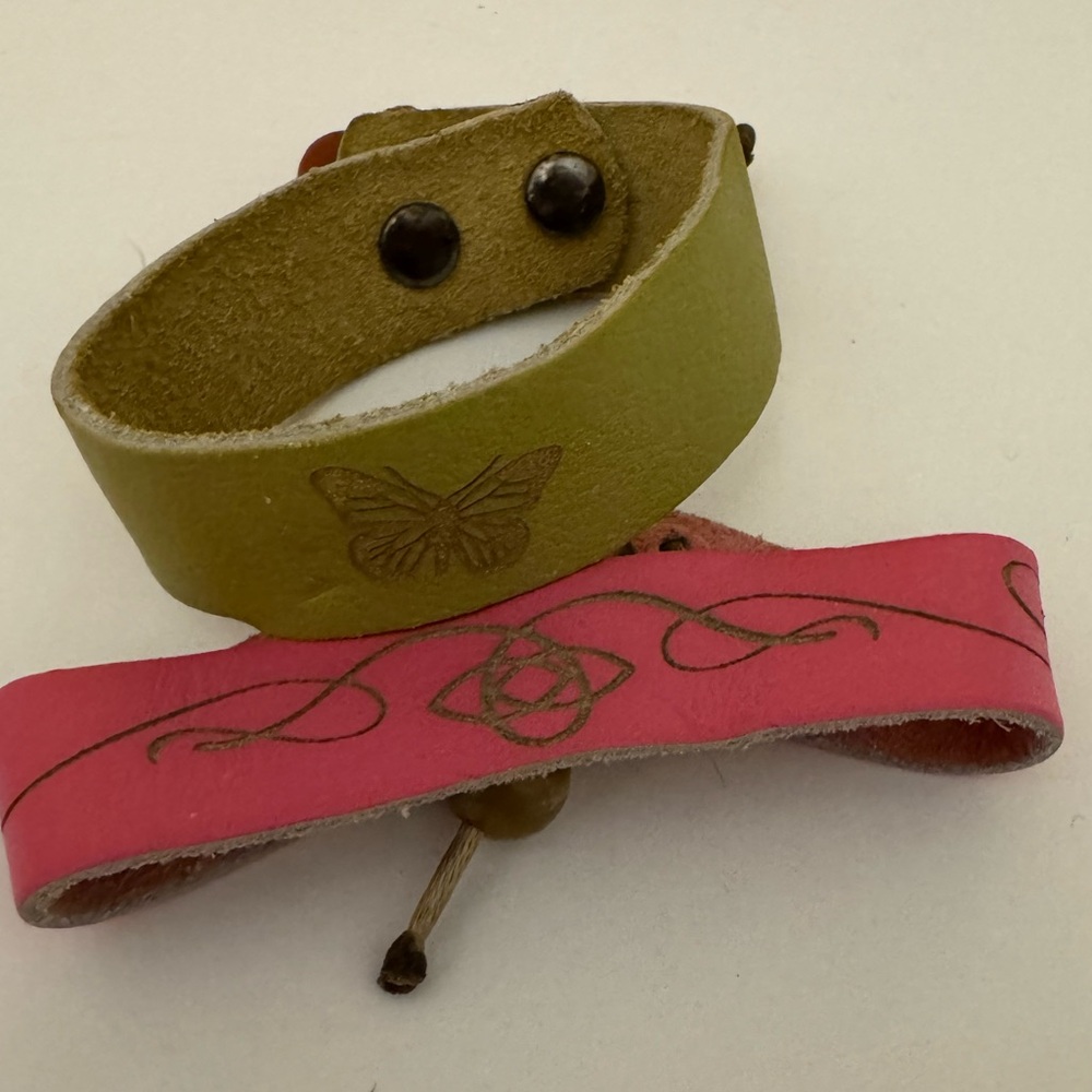 Set of Dillon Rogers Pink and Green Leather Bracelets